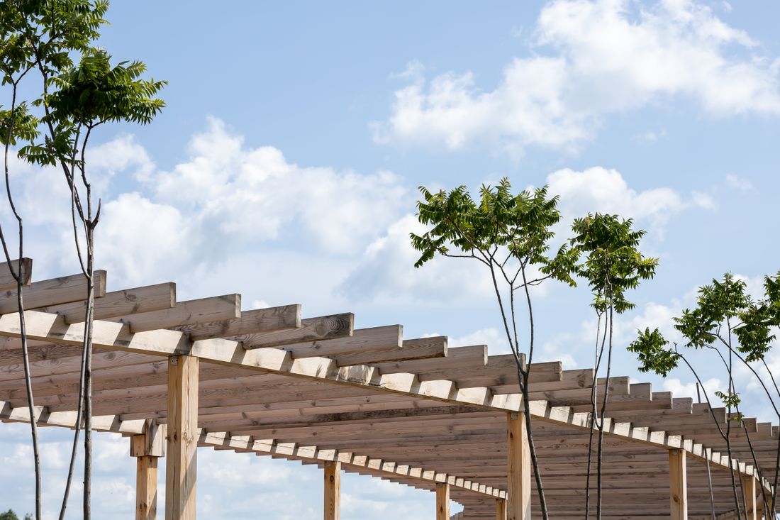 Pied de poteau bois de pergola posé sur un sabot métallique surélevé du sol